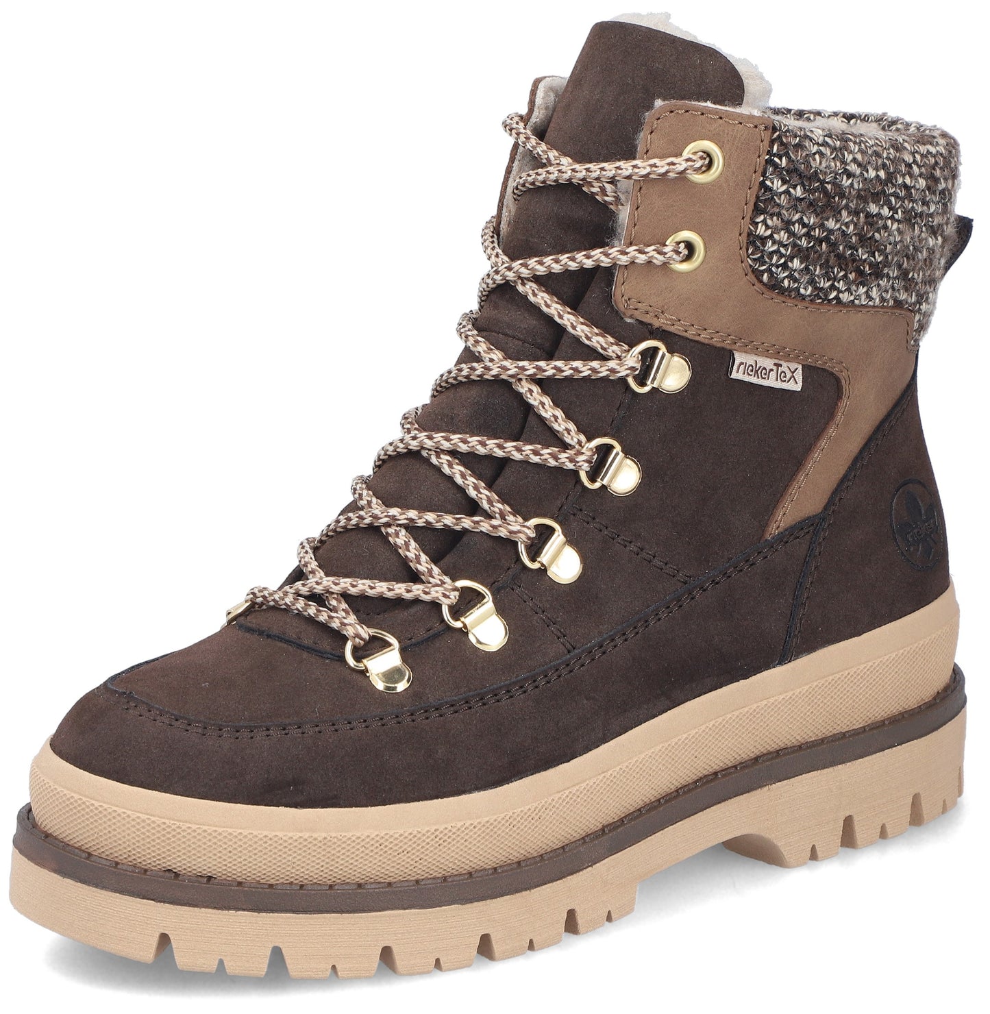A brown lace-up winter boot with a thick beige lug sole, cream-colored wool cuff, and gold-toned metal eyelets and hooks, featuring a RiekerTex label on the side.