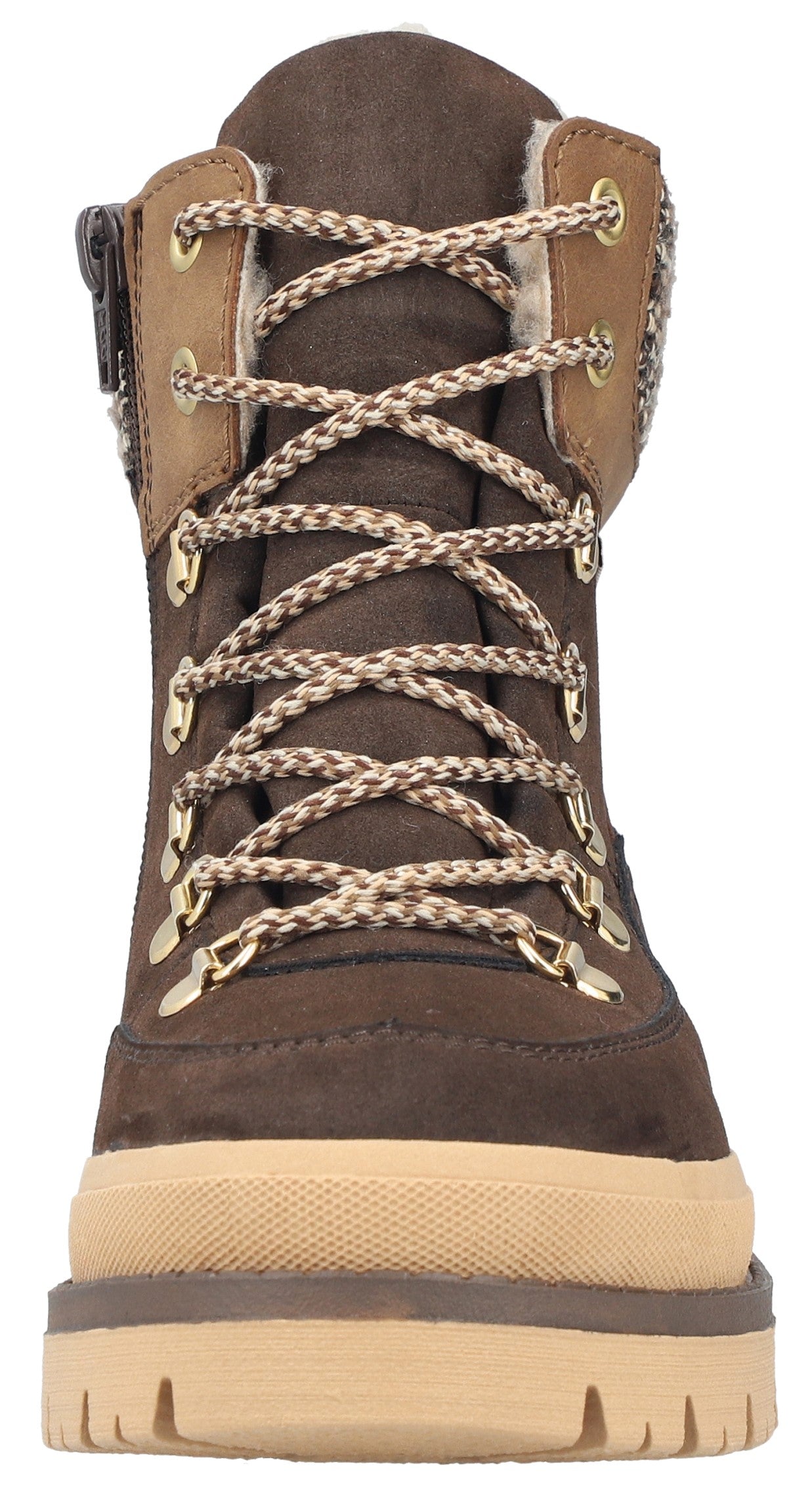 A brown lace-up combat boot with a chunky, textured tan rubber sole, gold-toned metal eyelets, patterned laces, and a zipper on the side.