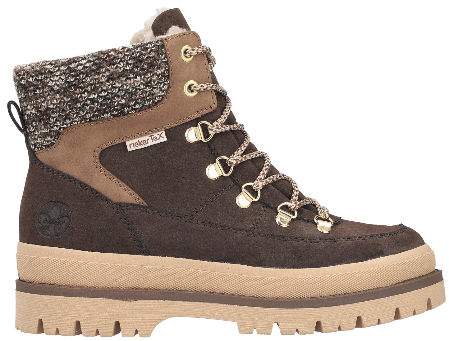 A brown RiekerTex winter ankle boot with a beige platform lug sole, a speckled knit cuff at the top, a brown lace-up front with gold-toned metal hardware, and a small logo embossed on the side.