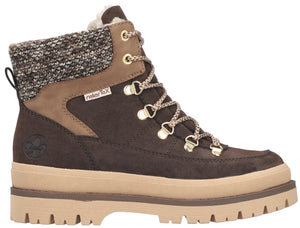 A brown RiekerTex winter ankle boot with a beige platform lug sole, a speckled knit cuff at the top, a brown lace-up front with gold-toned metal hardware, and a small logo embossed on the side.