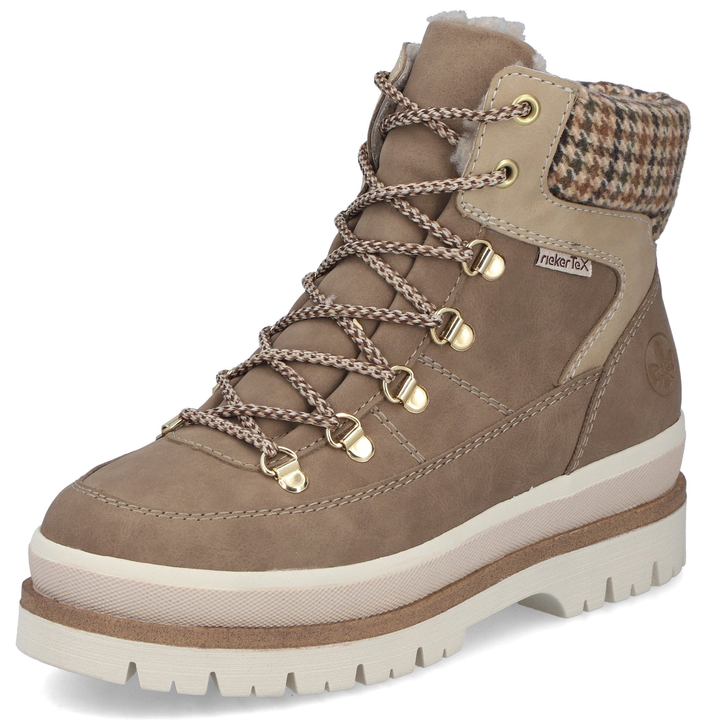 A tan lace-up ankle boot with a thick cream-colored lug sole, a brown houndstooth patterned collar, and gold-toned metal eyelets.
