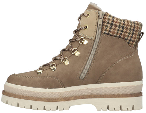 A tan faux-suede lace-up boot with gold D-ring eyelets, a beige side zipper, a houndstooth fabric collar, and a thick, chunky off-white rubber lug sole.