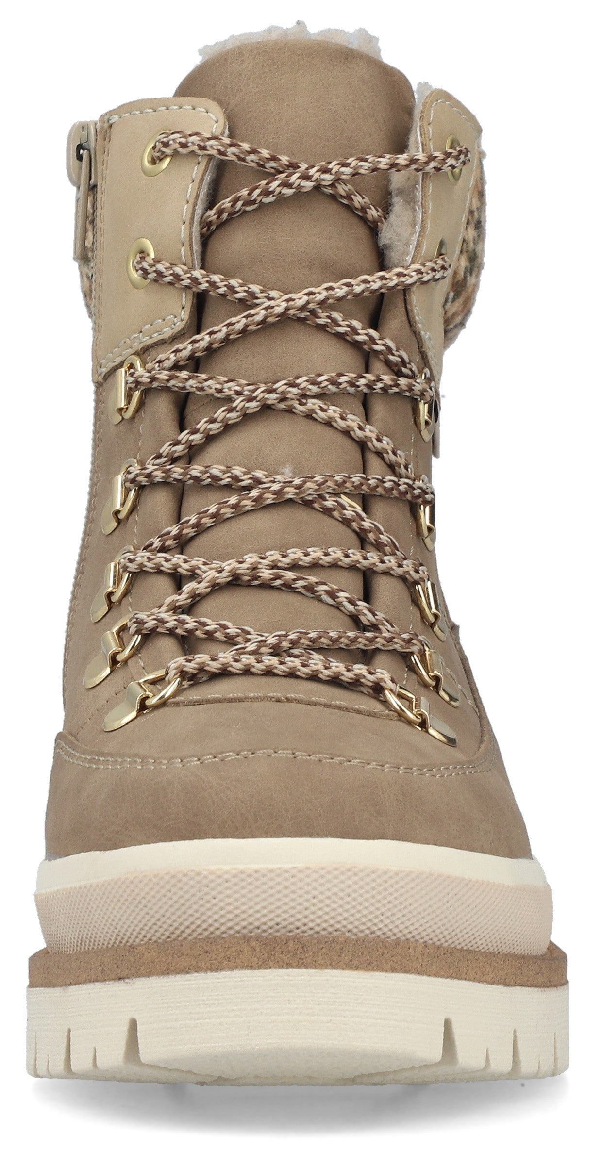 A tan lace-up ankle boot with a thick, textured white rubber platform sole, gold-tone eyelets, and a warm, fuzzy lining at the collar.
