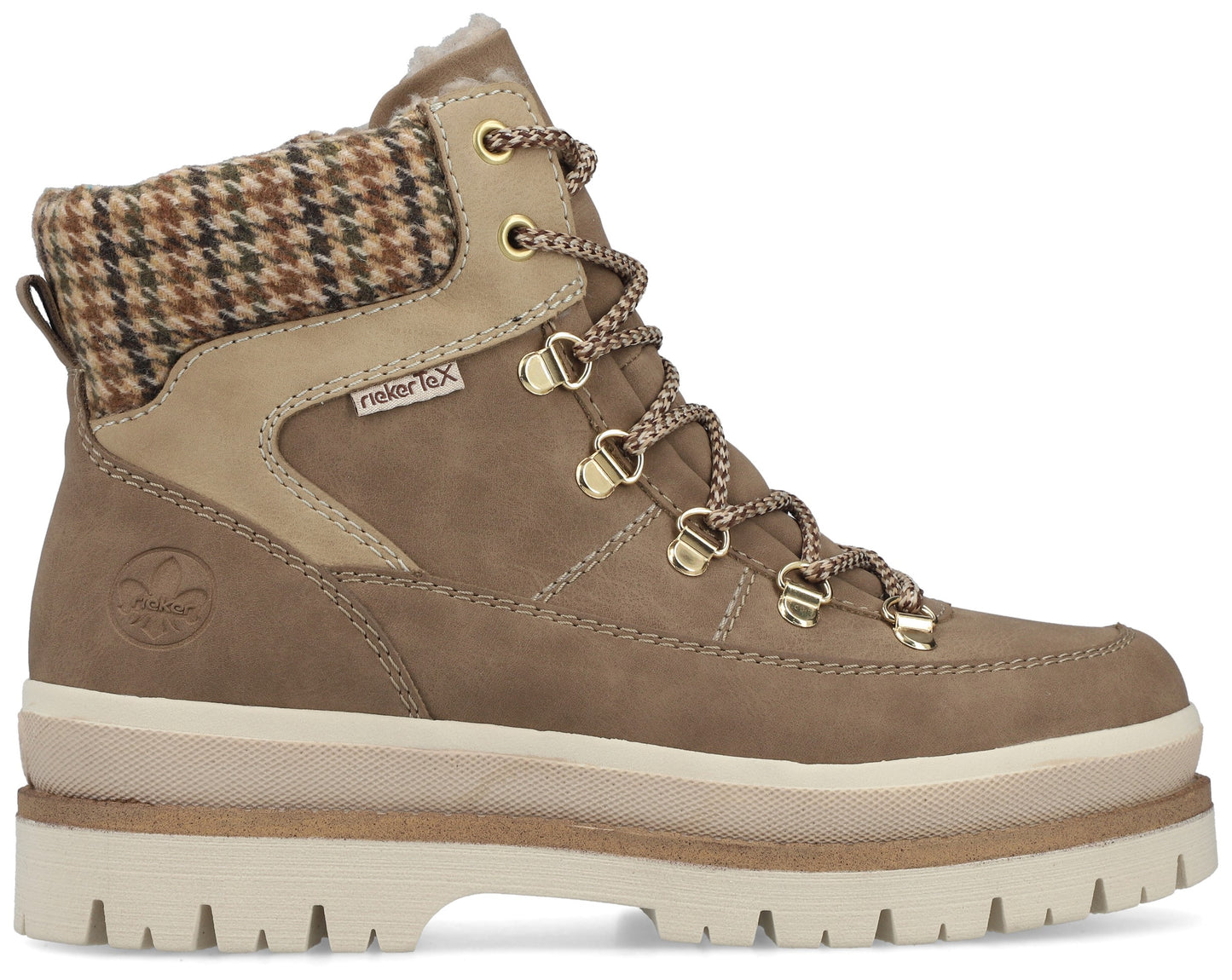 A tan RiekerTex women's lace-up ankle boot with a brown and tan houndstooth plaid wool-like cuff, a thick light cream textured midsole, a chunky lugged cream outsole, and brass-tone D-ring hardware.