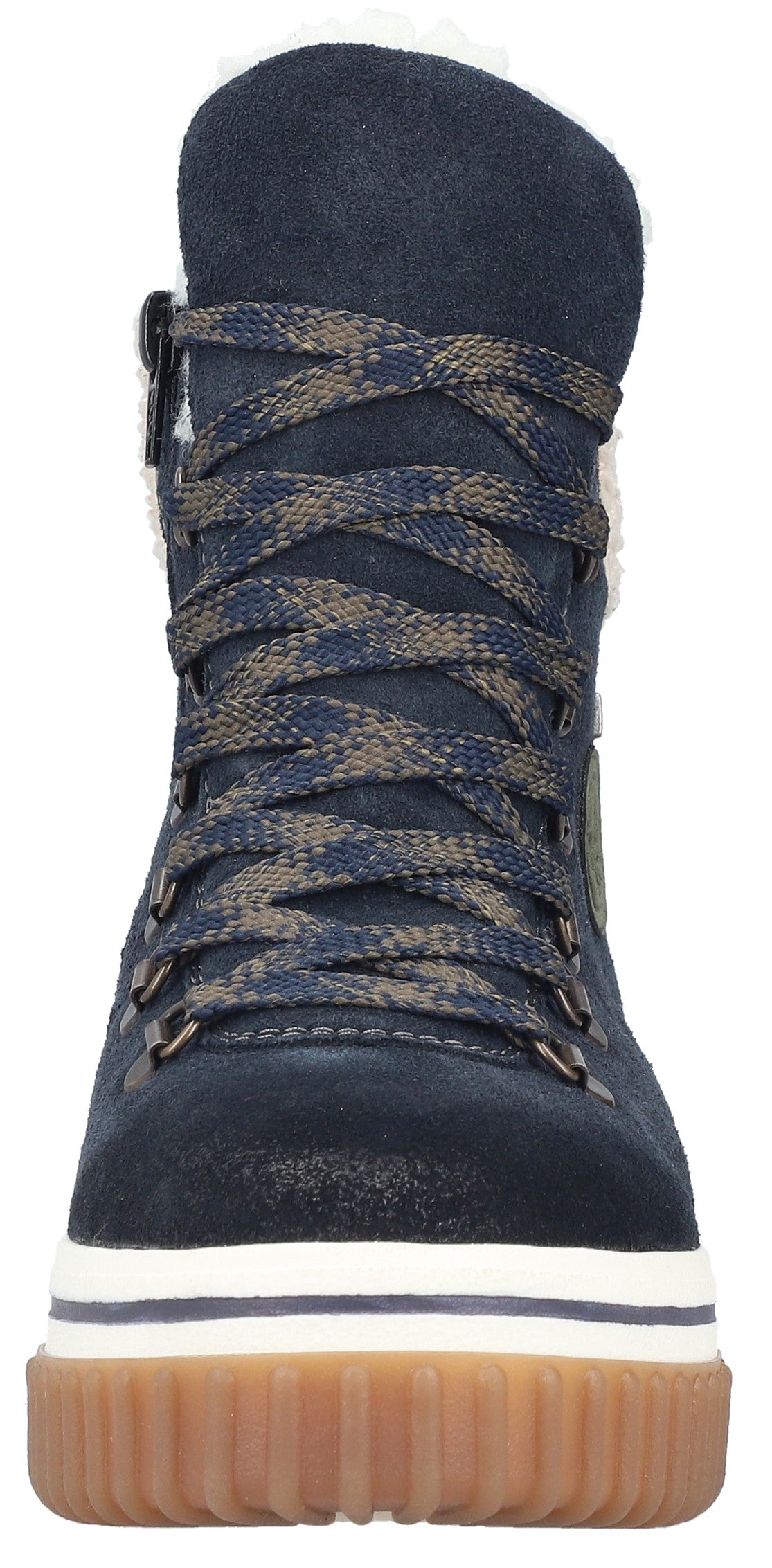 A navy blue suede ankle boot with a high lace-up closure featuring speckled olive green and navy laces, brass-tone eyelets, a white midsole, and a thick, textured tan gum rubber outsole.