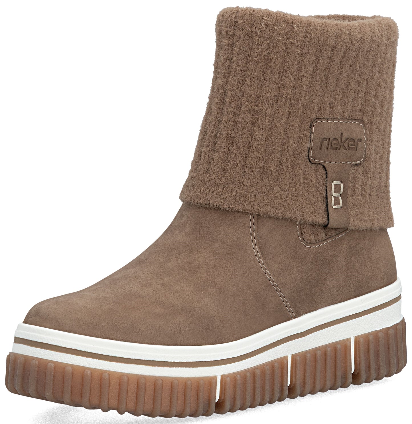 A brown suede ankle boot with a high, ribbed knit cuff, a thick white midsole, and a chunky lugged gum-colored rubber outsole, featuring a small square leather patch on the side with the embossed word 'rieker'.