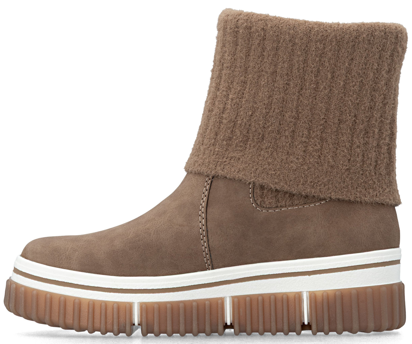 A brown suede ankle boot with a high, ribbed knit cuff, featuring a thick, layered white and brown ridged platform sole.