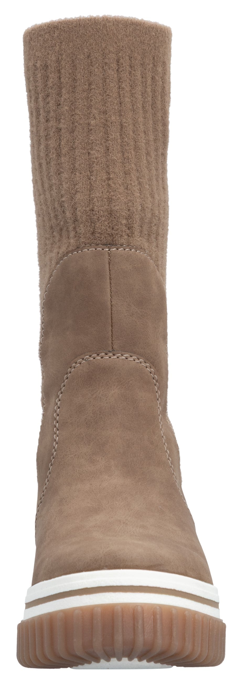 A tan, mid-calf length, slip-on boot with a knitted sweater-like upper section, a suede lower part, and a thick, ridged white and tan platform sole.