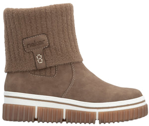 A brown suede ankle boot with a ribbed, knitted cuff, featuring a side strap with the word rieker and a digit eight embossed on it, set on a thick, white-striped platform sole with a brown, treaded base.