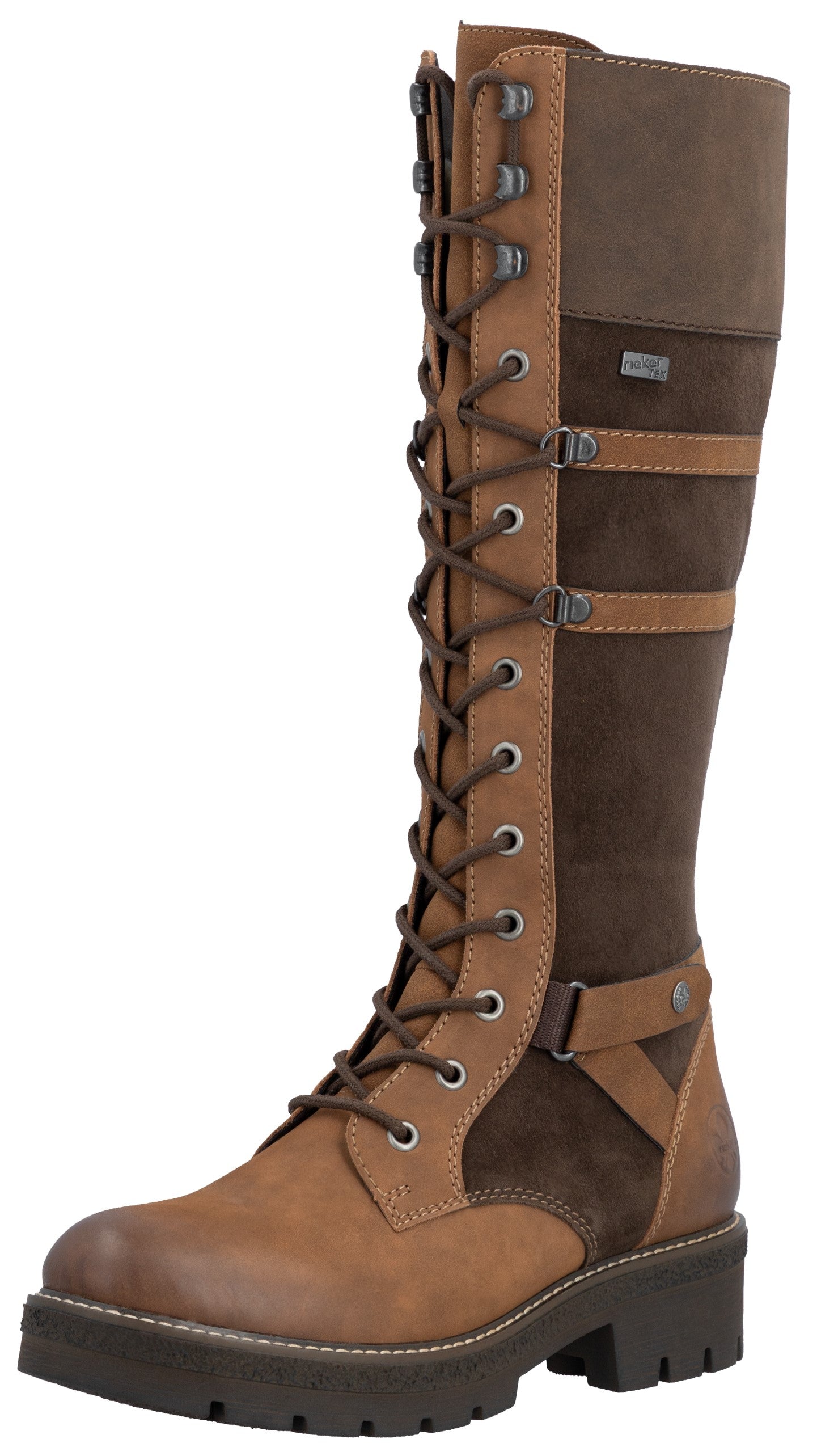 A tall, two-toned brown leather and suede lace-up boot featuring a round toe, a thick lugged rubber sole, multiple horizontal buckle straps across the calf, and metal eyelets.
