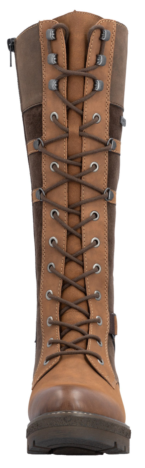 A tall, knee-high lace-up leather boot featuring a two-tone design with light tan leather over the laces and toe, and dark brown suede panels on the sides, complete with a side zipper and a rugged lug sole.