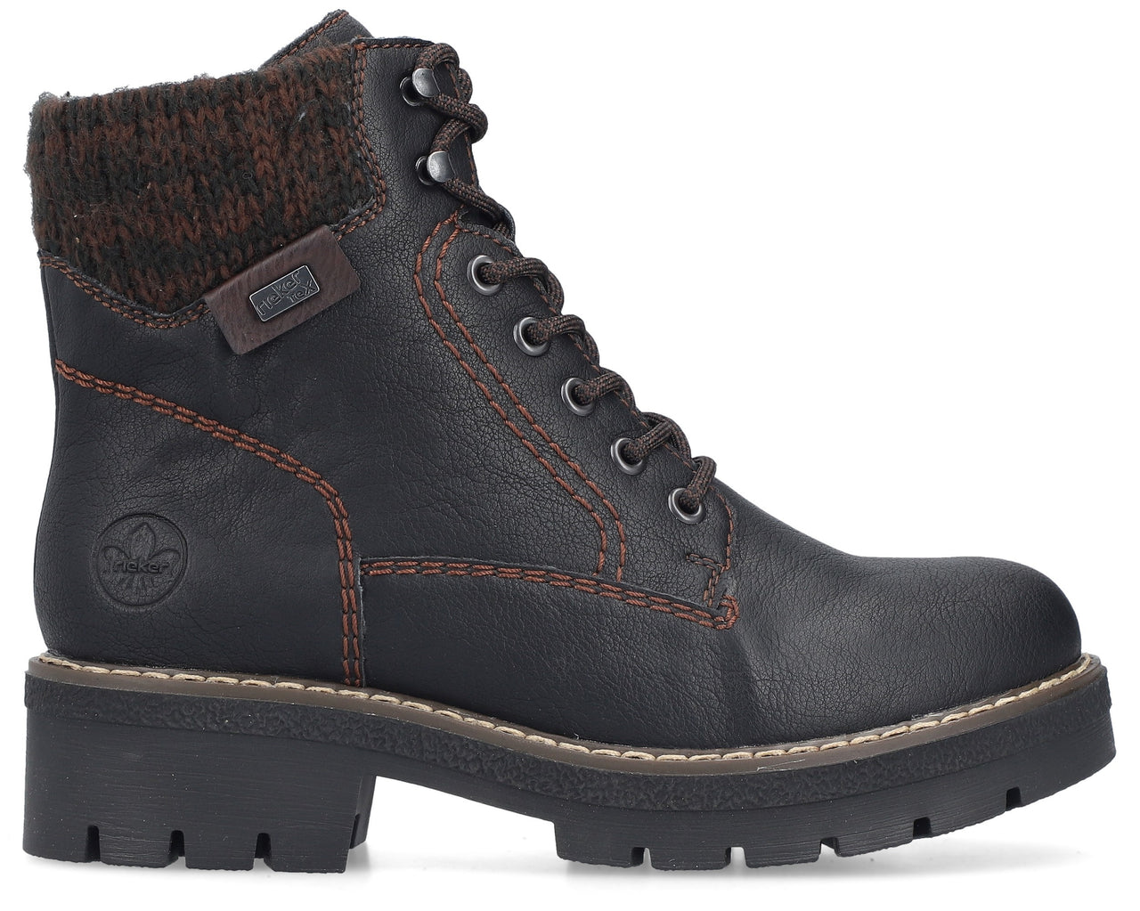 Black ankle-high boot with a knitted brown collar, laced up, and orange stitching accents.