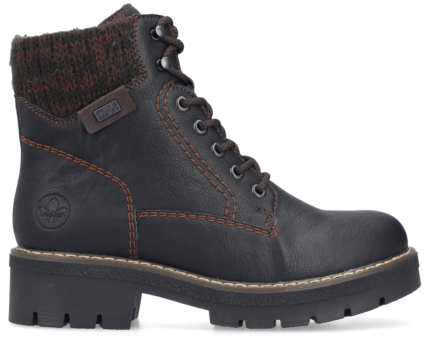 Black ankle-high boot with a knitted brown collar, laced up, and orange stitching accents.