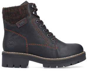 Black ankle-high boot with a knitted brown collar, laced up, and orange stitching accents.