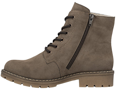 Side view of an ankle-high, taupe-colored, lace-up boot with a side zipper and lug sole.