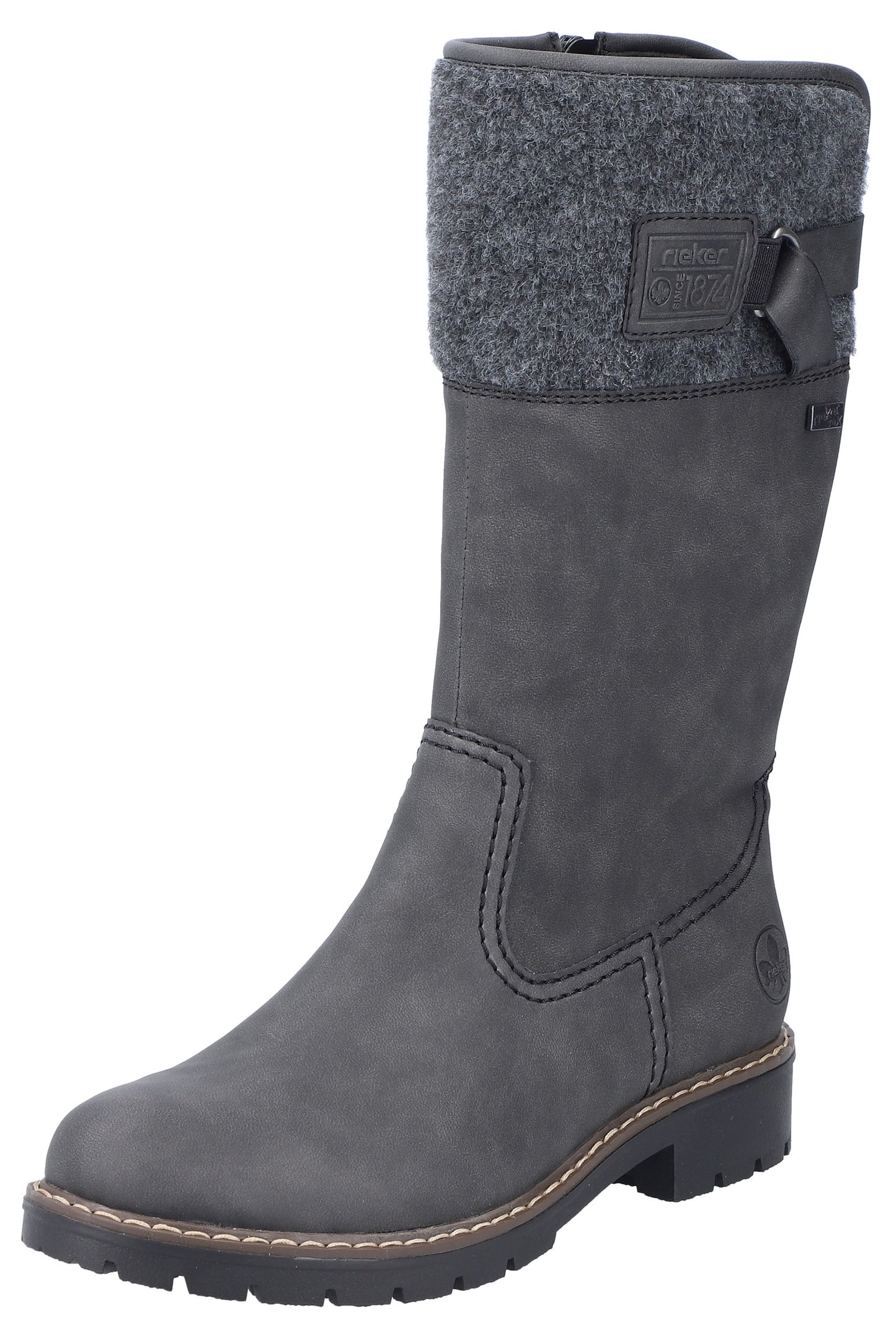 A gray mid-calf winter boot with a dark gray felt cuff, a buckle strap detail, and a thick lugged sole.