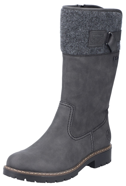 A gray mid-calf winter boot with a dark gray felt cuff, a buckle strap detail, and a thick lugged sole.