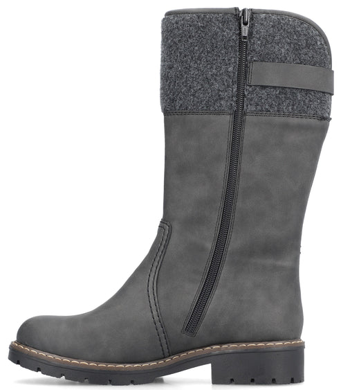 A gray mid-calf boot with a textured felt cuff, a full-length side zipper, and a black treaded rubber sole.