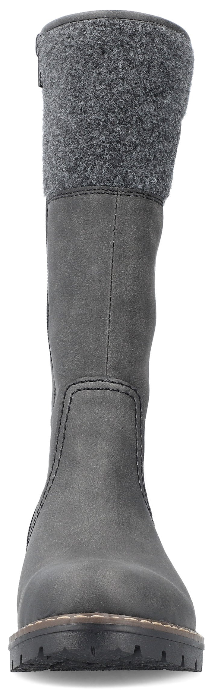 A gray mid-calf boot with a textured, knit-style cuff at the top, featuring a matte finish, visible seam stitching, and a thick, dark lugged rubber sole viewed from the front.