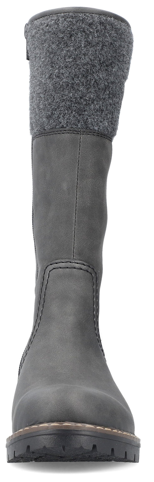 A gray mid-calf boot with a textured, knit-style cuff at the top, featuring a matte finish, visible seam stitching, and a thick, dark lugged rubber sole viewed from the front.