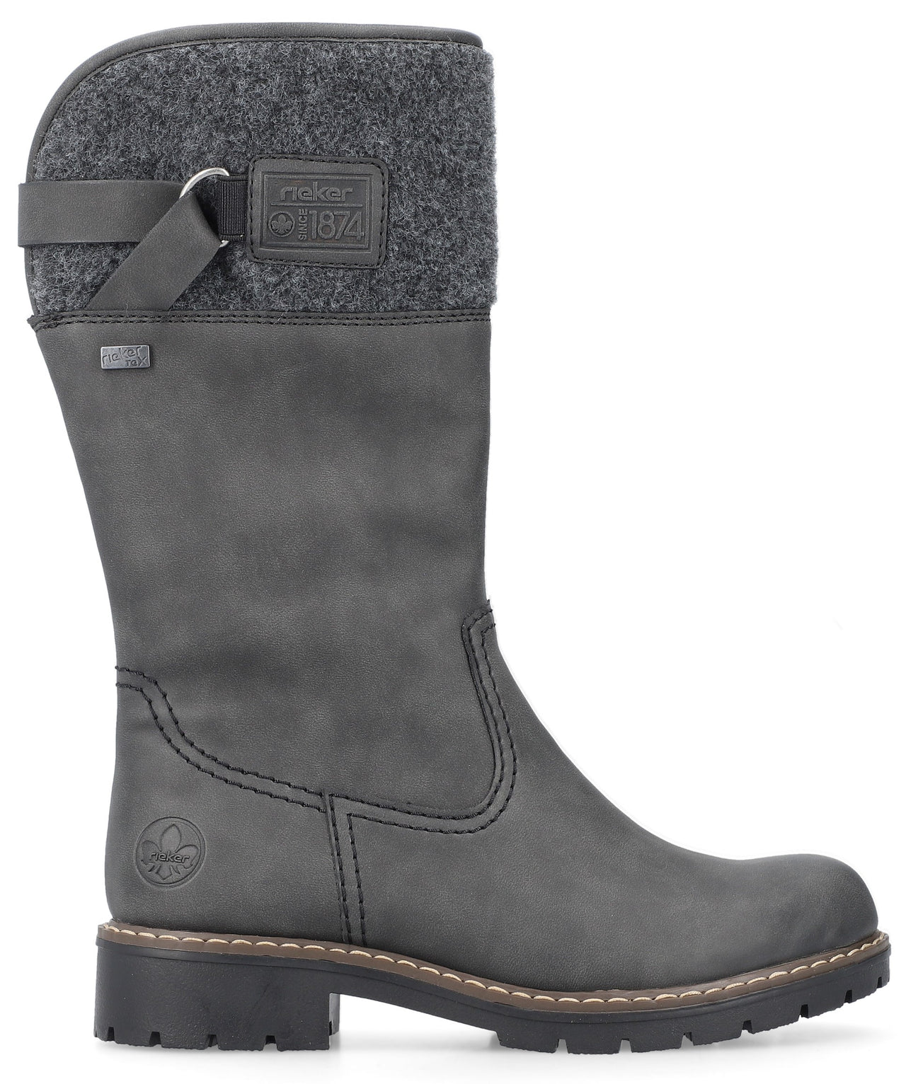 A gray mid-calf women's winter boot with a smooth synthetic upper, a dark gray felt collar at the top, a decorative strap with a buckle detail, a small square patch that reads "rieker 1874", a small tag on the side, and a chunky black lug sole.