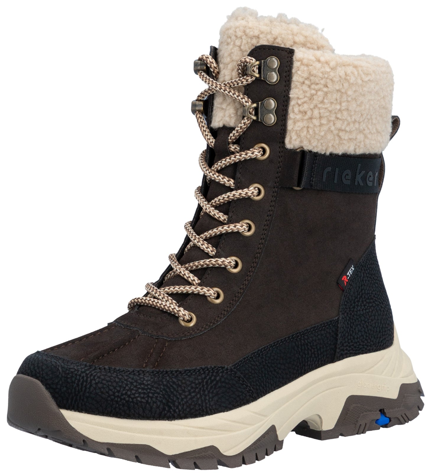 A brown and black winter boot with lace-up closure, a thick cream-colored sole, and a white faux-shearling cuff, featuring a visible 'rieker' logo on the side strap.