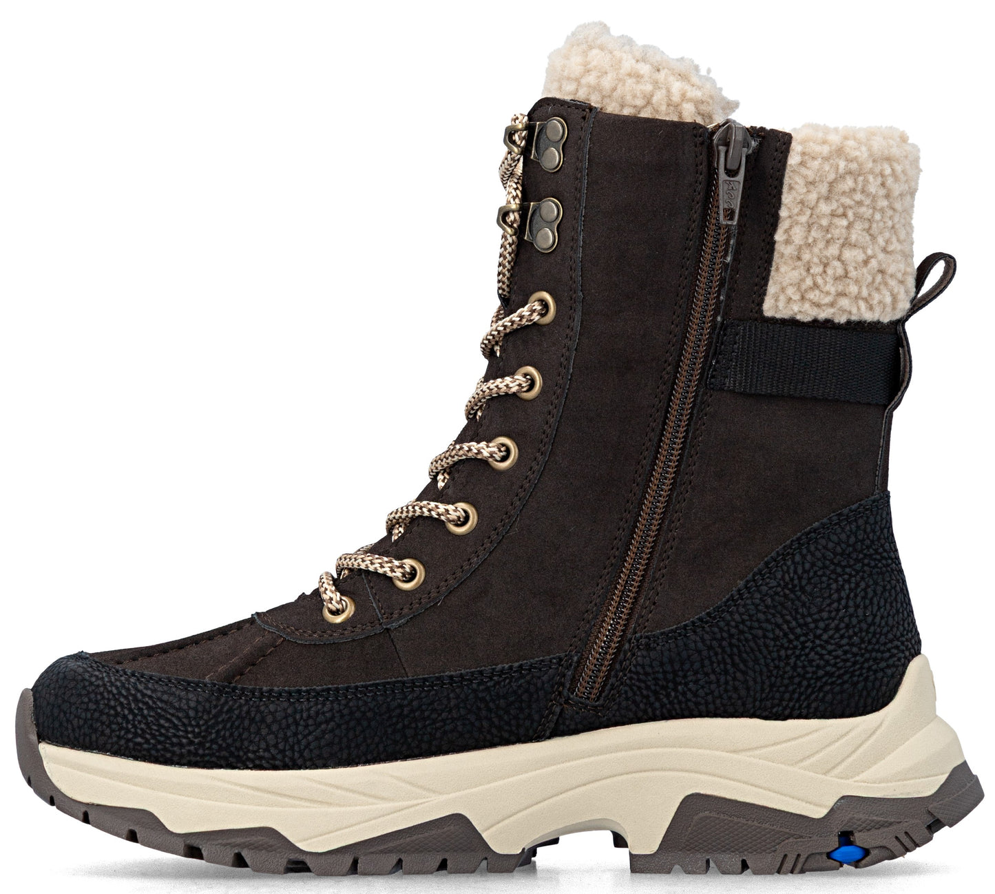 A side view of a brown suede winter boot with a black textured leather mudguard, light cream faux fur cuff, lace-up front with metal eyelets, a side zipper closure, and a thick cream-colored chunky rubber outsole with a brown tread.