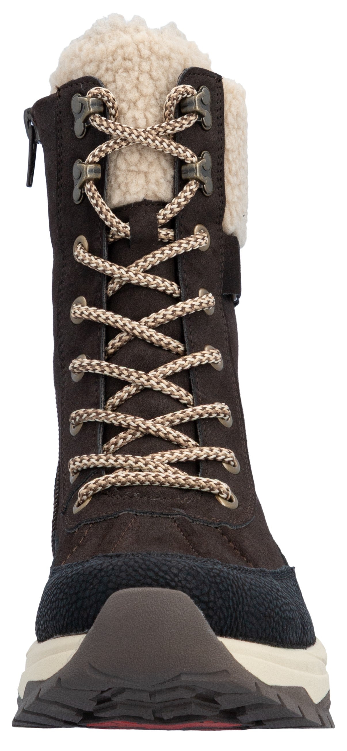 A brown, calf-high winter boot with a cream-colored sherpa cuff at the top, a lace-up front with beige and brown speckled laces through metallic eyelets, a side zipper, and a black treaded sole.