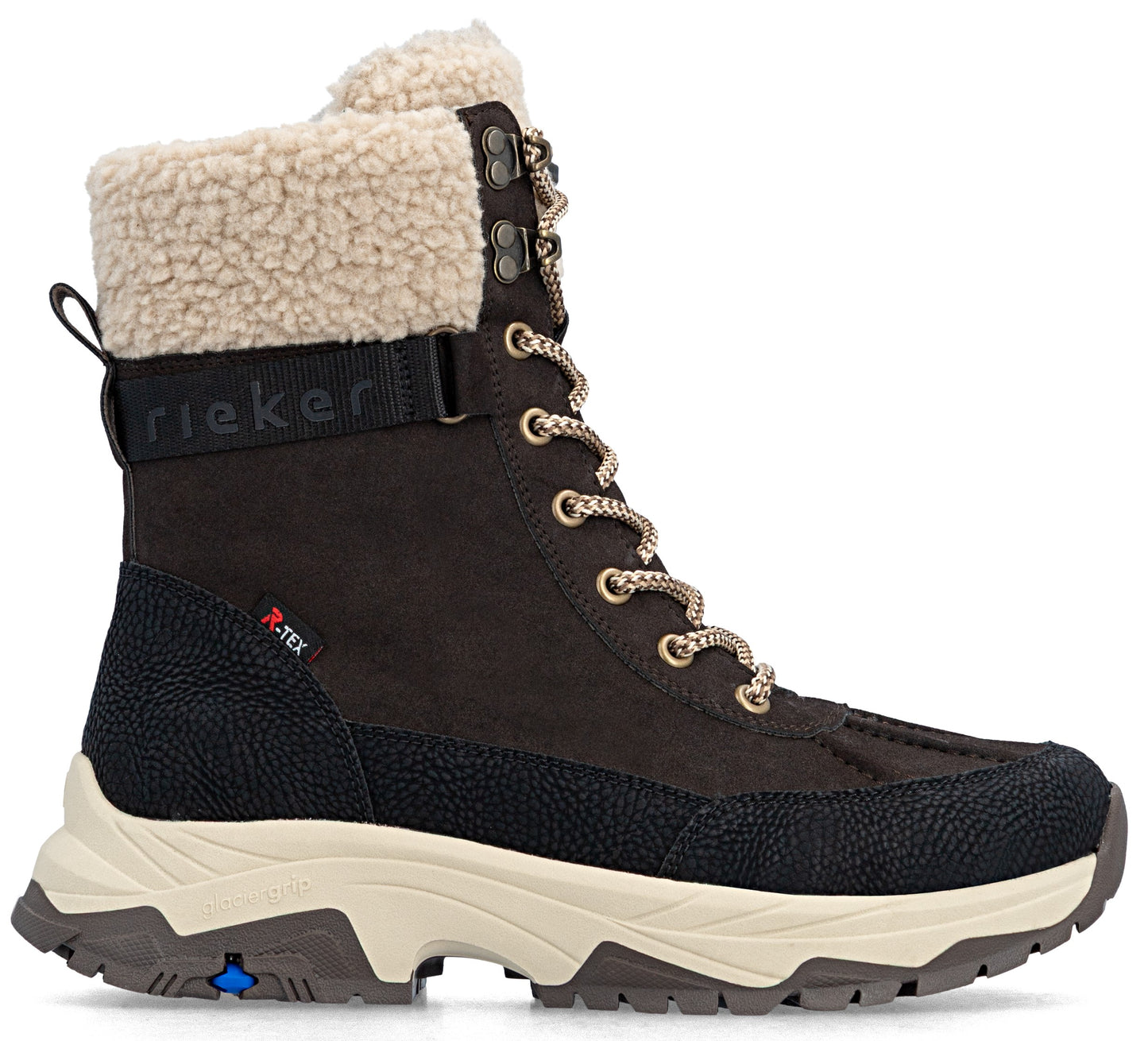 A brown, lace-up winter boot with a dark textured base, a thick, cream-colored lug sole, a shearling cuff at the top, and a strap with the word rieker printed on it.