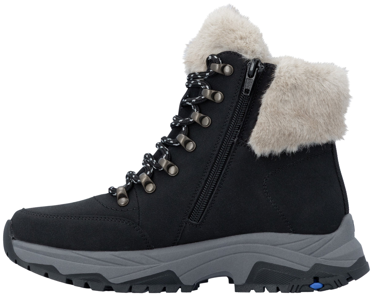 A black ankle-height winter boot with a grey rubber lug sole, black laces, a side zipper, and a light-colored faux fur collar.