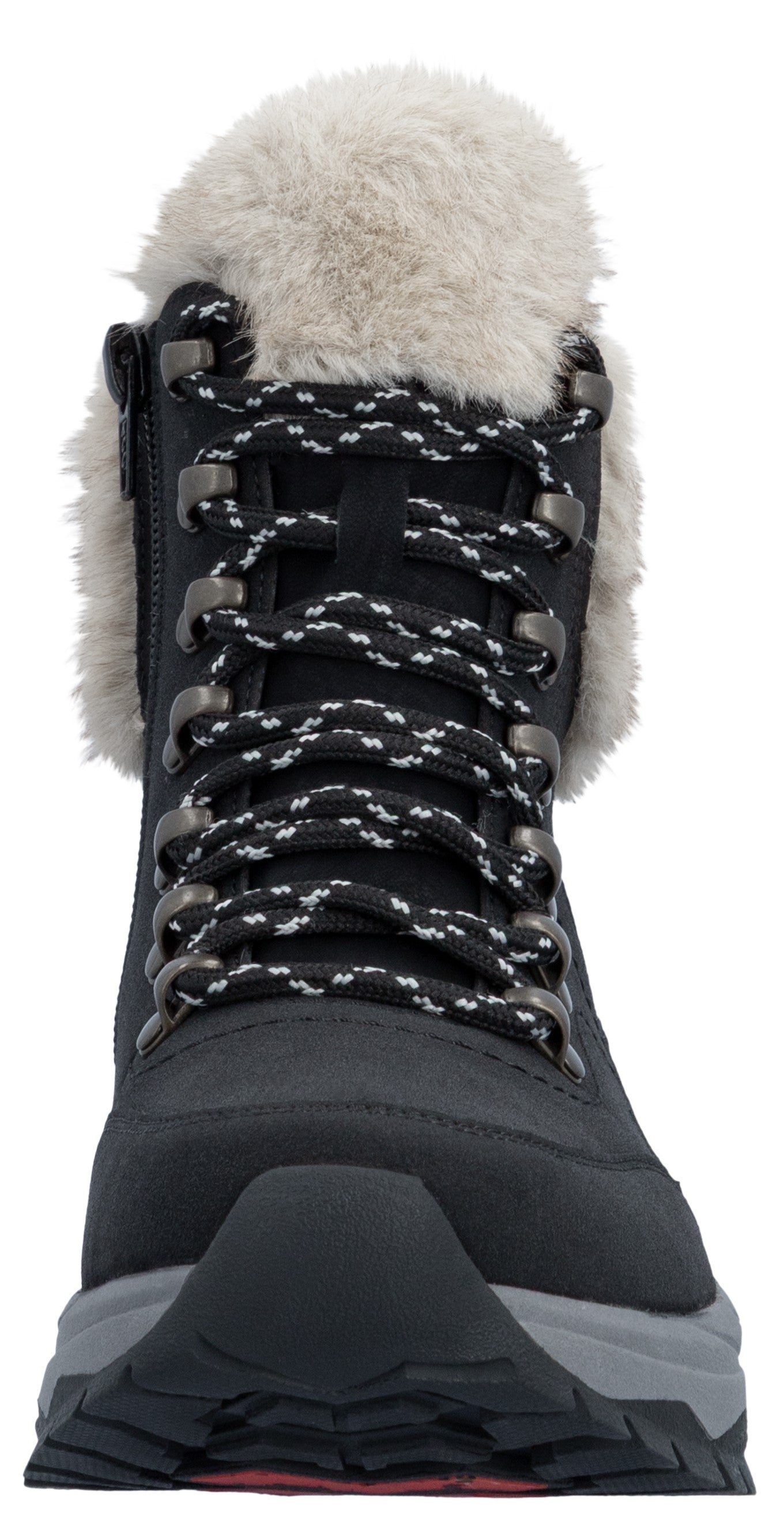 A black ankle-height winter boot with faux-fur lining around the collar, metal D-ring eyelets, black and white patterned laces, and a thick grey lugged sole.