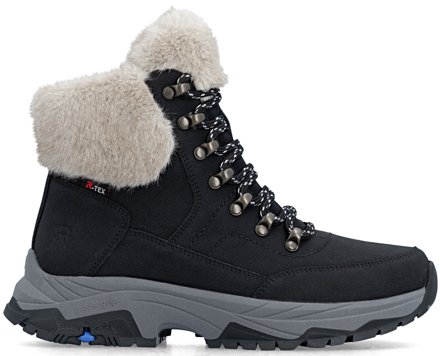 A black ankle-high winter boot with a grey lug sole and blue detail on the heel, featuring a fluffy light beige faux-fur collar, a lace-up front with dark metal eyelets, and an R-TEX label on the side.
