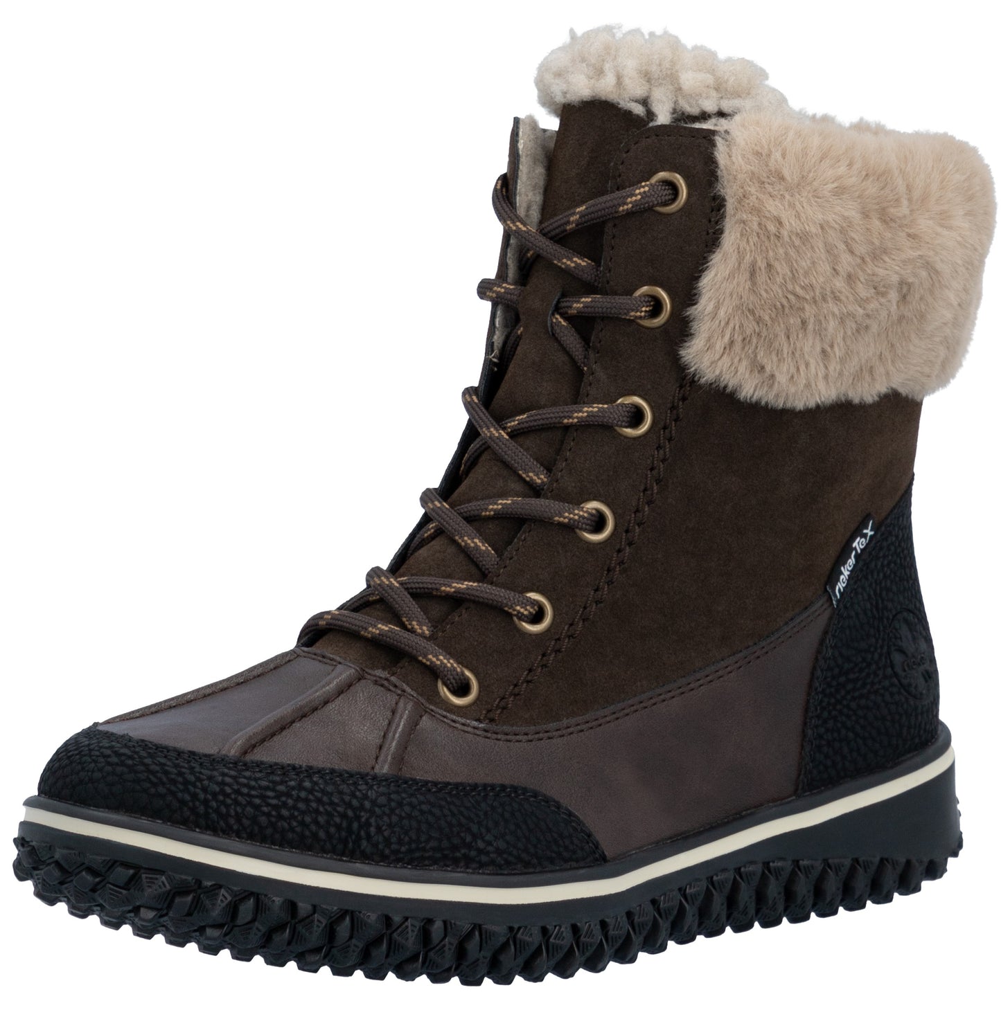 A brown lace-up winter boot with a cream-colored faux fur cuff, a dark textured rubber toe and sole, and a Rieker TEX logo on the side.