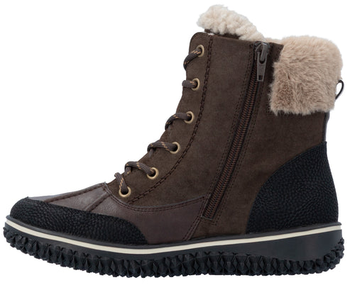 A brown and black ankle-length winter boot with a lace-up front, a side zipper, and a fuzzy cream-colored faux fur lining at the cuff, set on a textured black rubber sole.