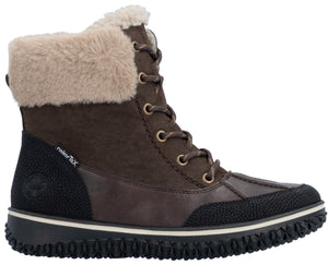 A brown and black ankle-height winter boot with a lace-up front, a fluffy beige faux fur cuff, and a thick, textured black rubber sole.