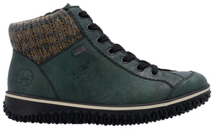 Green ankle boot with black laces, ribbed collar, and lug sole.