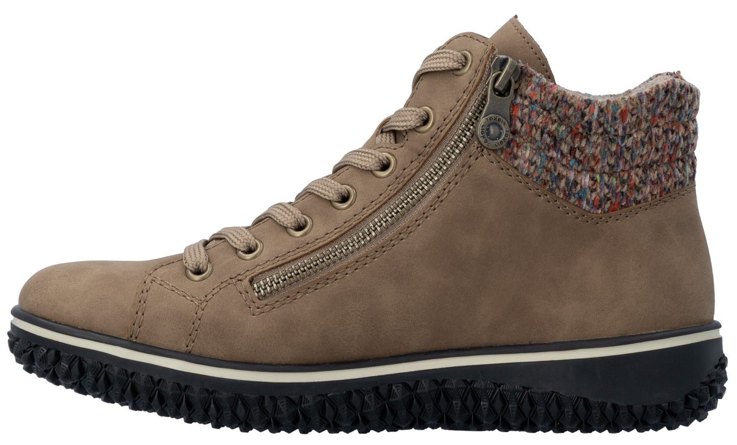 A tan, high-top sneaker with laces, a side zipper, and a multi-colored knit collar trim, set on a textured, black rubber sole.