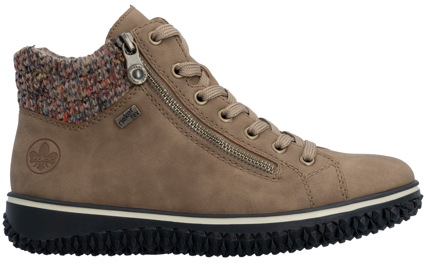 A tan, ankle-high lace-up sneaker with a multi-colored knit cuff at the collar and a side zipper, featuring a Rieker TEX logo on the side and a chunky, black textured rubber sole.