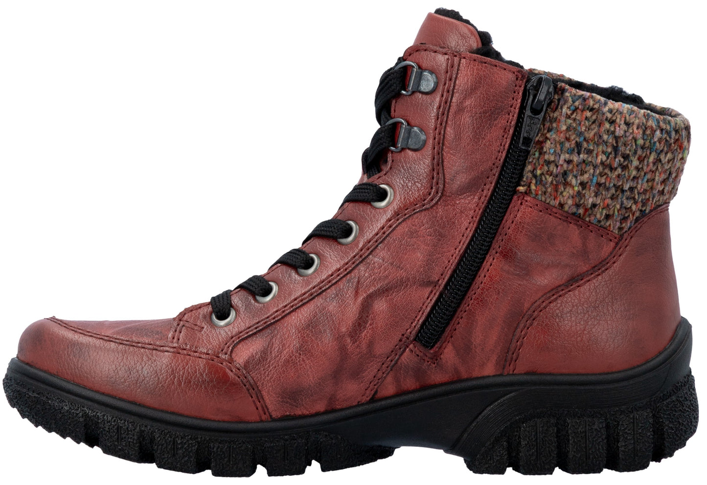 A red leather ankle boot with black laces, a side zipper, a multicolored textured collar, and a thick black lug sole.