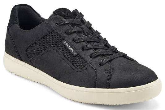 Black low-top sneaker with mesh panel and ROCKPORT logo on side, with white sole and black laces.