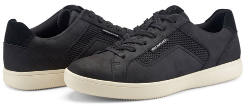 A pair of black sneakers with cream soles.