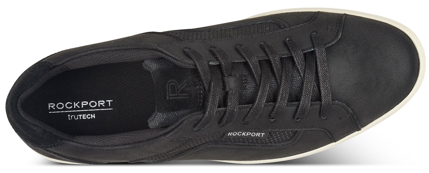 A low-top black sneaker featuring black laces and a white rubber sole.