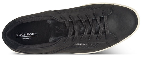 A low-top black sneaker featuring black laces and a white rubber sole.