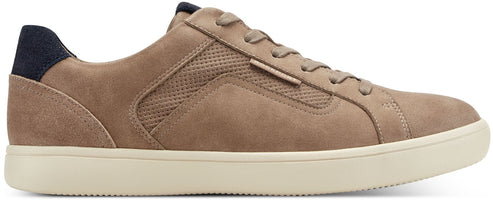 A shoe with tan upper and white sole.