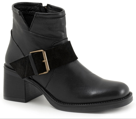 Black leather ankle boot with block heel, black suede buckle strap, and side zipper.
