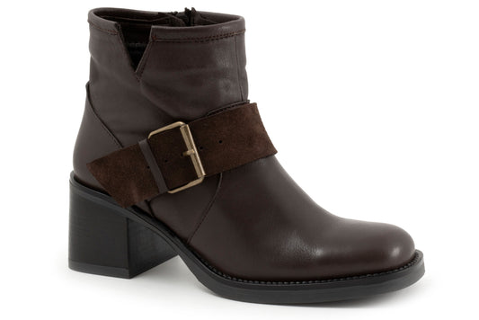 Dark brown ankle boot with block heel and buckle strap.