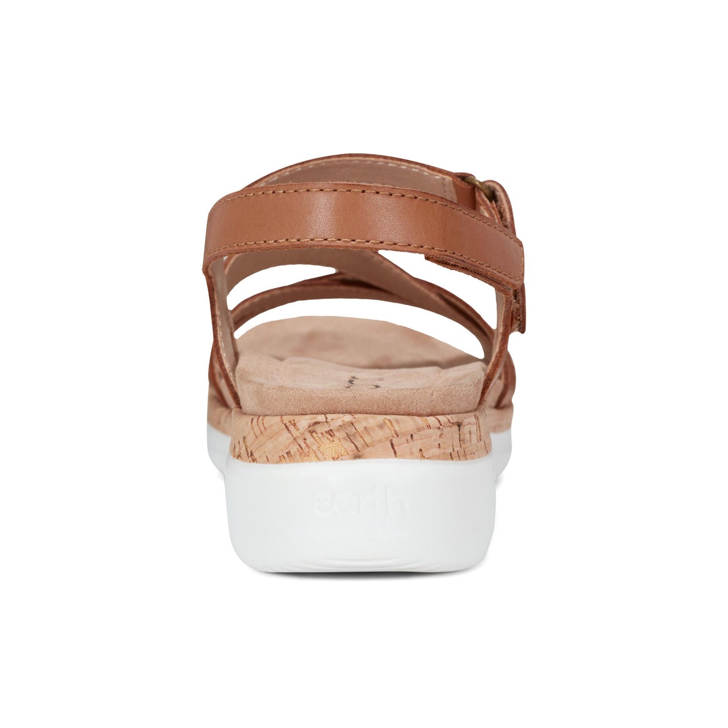 Tan sandal with white sole and cork midsole, rear view.