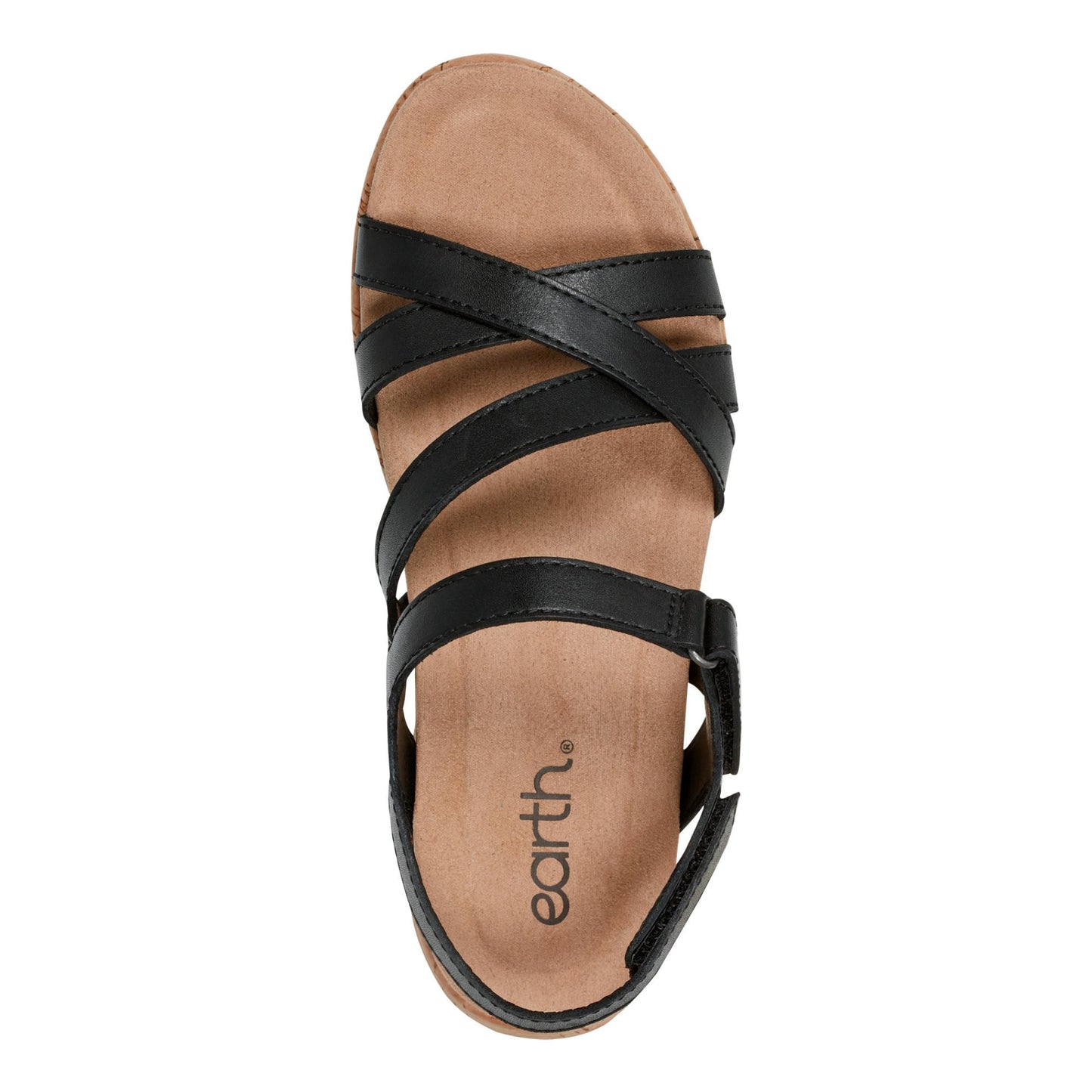 Black sandal with multiple straps and "earth." logo.