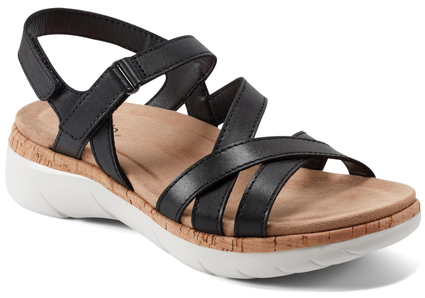 Black sandal with multiple straps, adjustable velcro heel strap, cork midsole, and white sole.