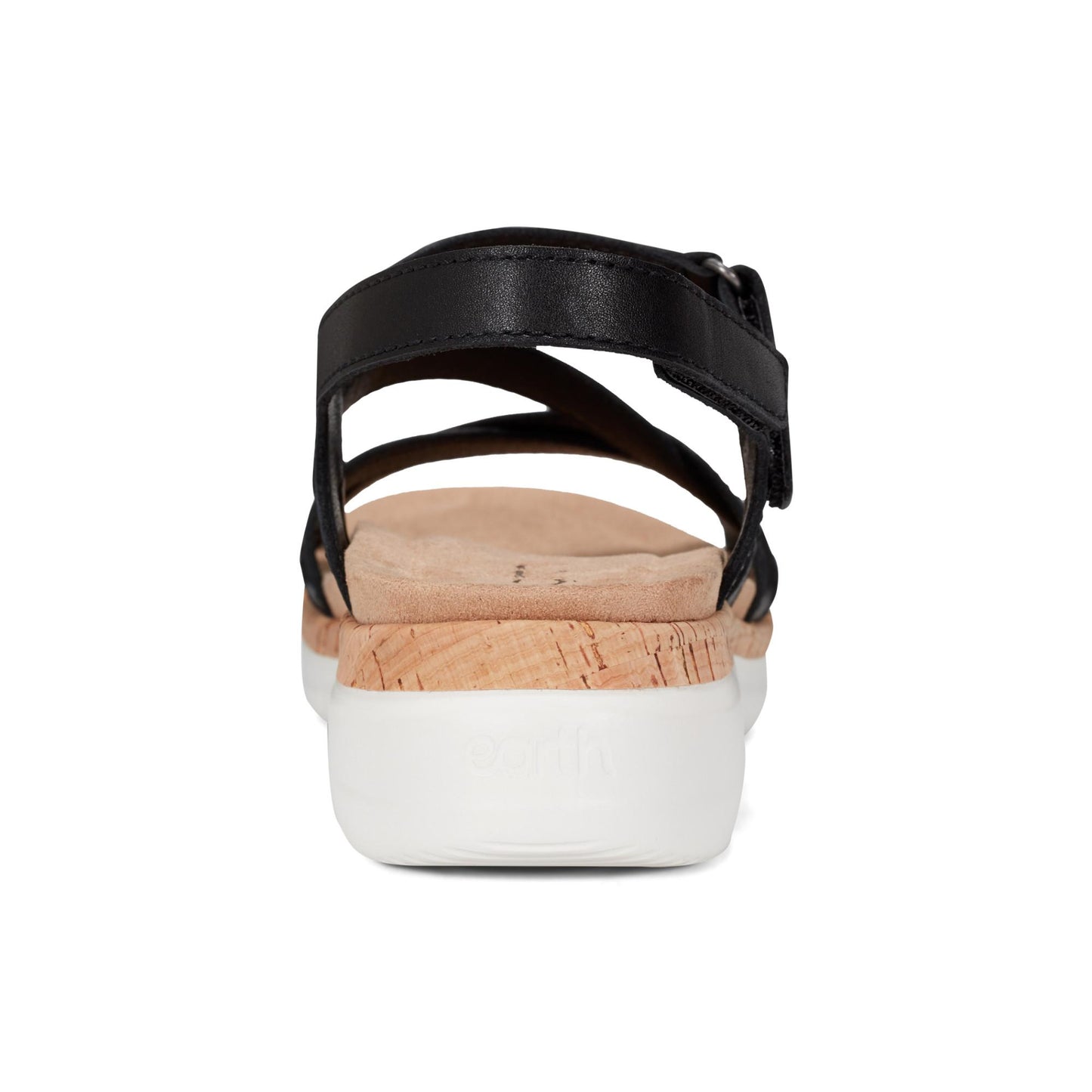 Rear view of a black sandal with a cork-look midsole and a white outsole.
